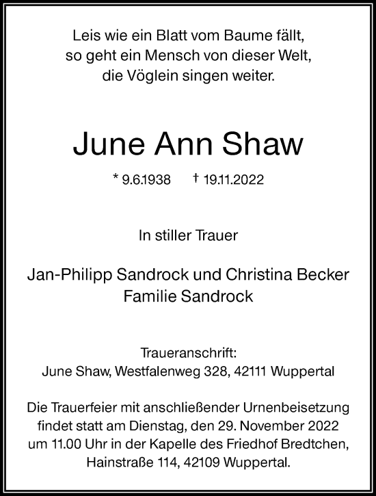 Traueranzeige von June Ann Shaw von trauer.wuppertaler-rundschau.de