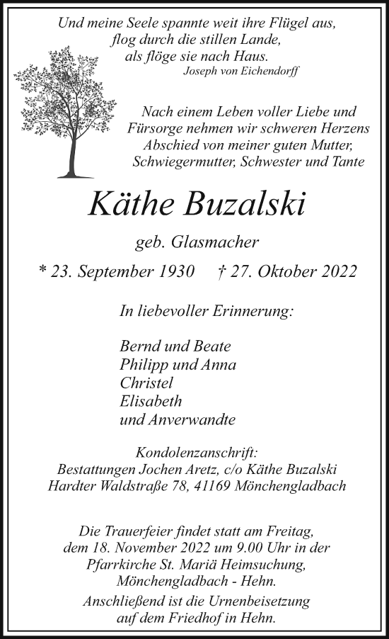 Traueranzeige von Käthe Buzalski von trauer.extra-tipp-moenchengladbach.de