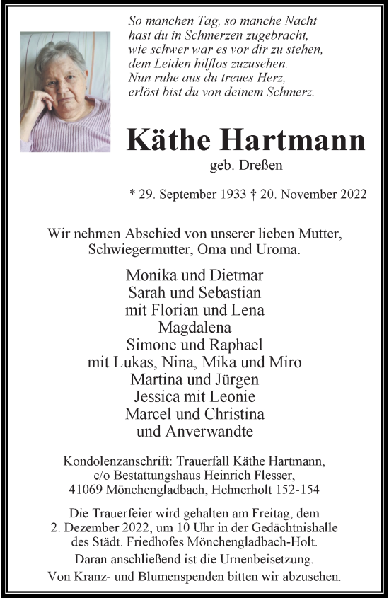 Traueranzeige von Käthe Hartmann von trauer.extra-tipp-moenchengladbach.de
