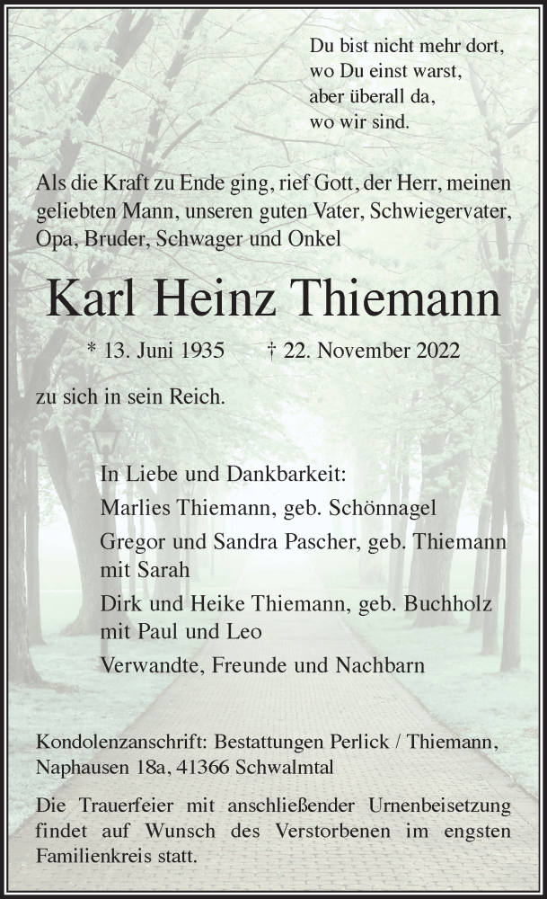  Traueranzeige für Karl Heinz Thiemann vom 27.11.2022 aus trauer.extra-tipp-moenchengladbach.de