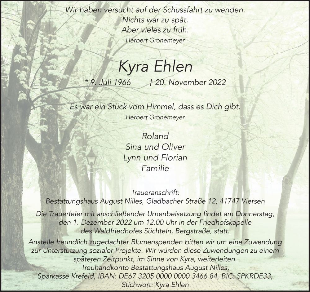  Traueranzeige für Kyra Ehlen vom 27.11.2022 aus trauer.extra-tipp-moenchengladbach.de