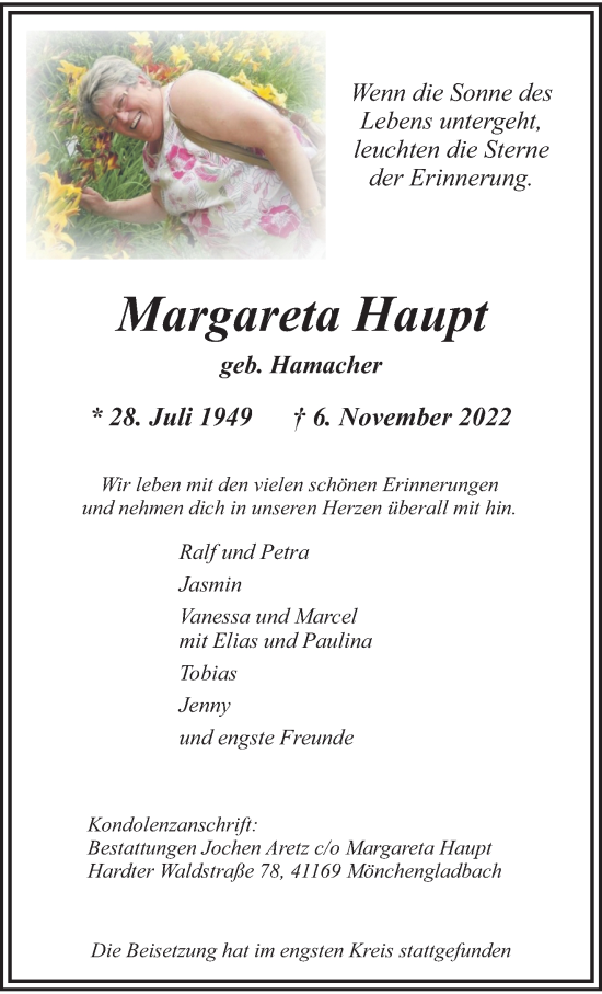 Traueranzeige von Margareta Haupt von trauer.extra-tipp-moenchengladbach.de