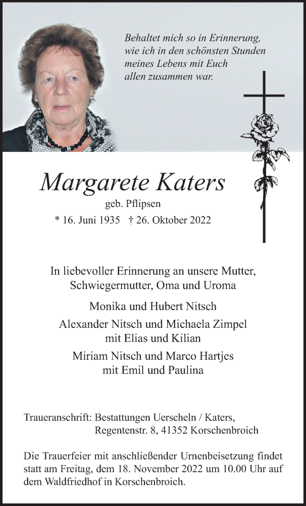  Traueranzeige für Margarete Katers vom 13.11.2022 aus trauer.extra-tipp-moenchengladbach.de