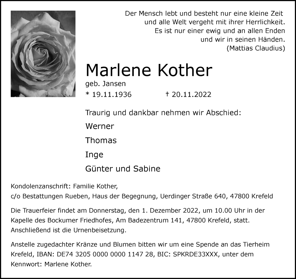  Traueranzeige für Marlene Kother vom 27.11.2022 aus trauer.mein.krefeld.de