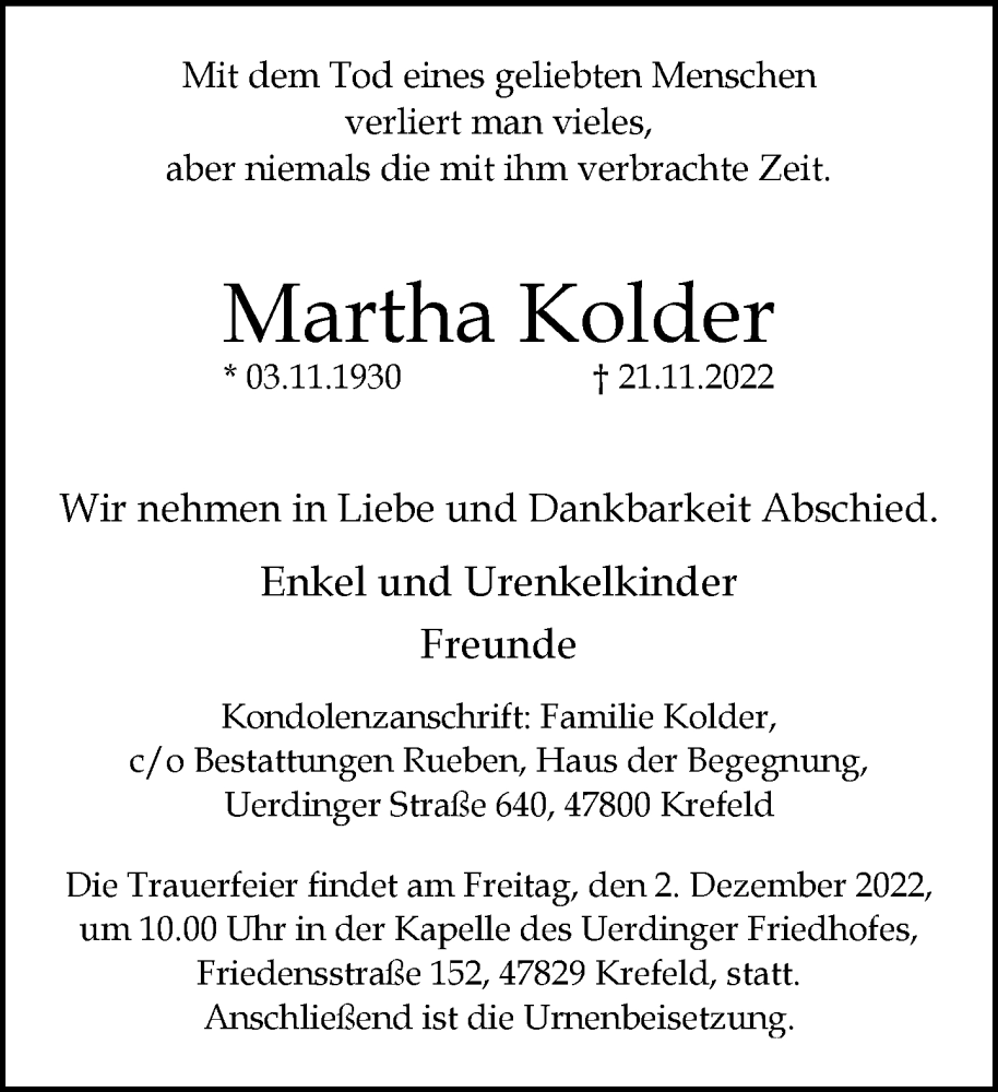  Traueranzeige für Martha Kolder vom 27.11.2022 aus trauer.mein.krefeld.de