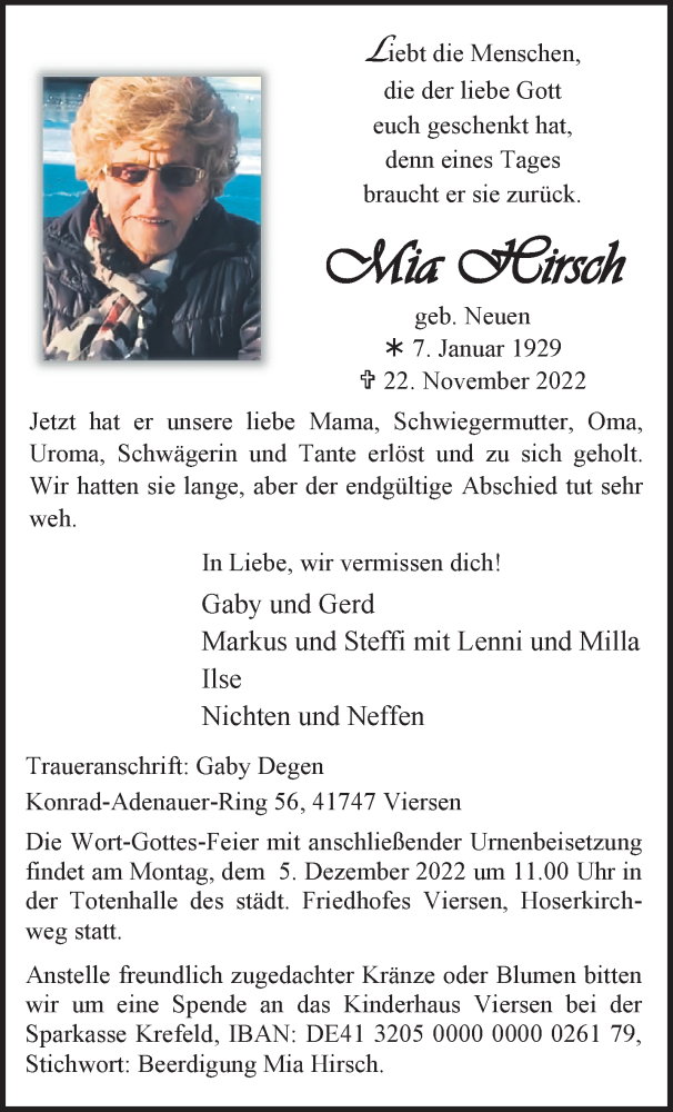  Traueranzeige für Mia Hirsch vom 27.11.2022 aus trauer.extra-tipp-moenchengladbach.de
