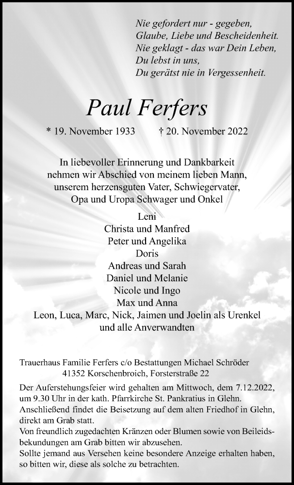  Traueranzeige für Paul Ferfers vom 27.11.2022 aus trauer.extra-tipp-moenchengladbach.de