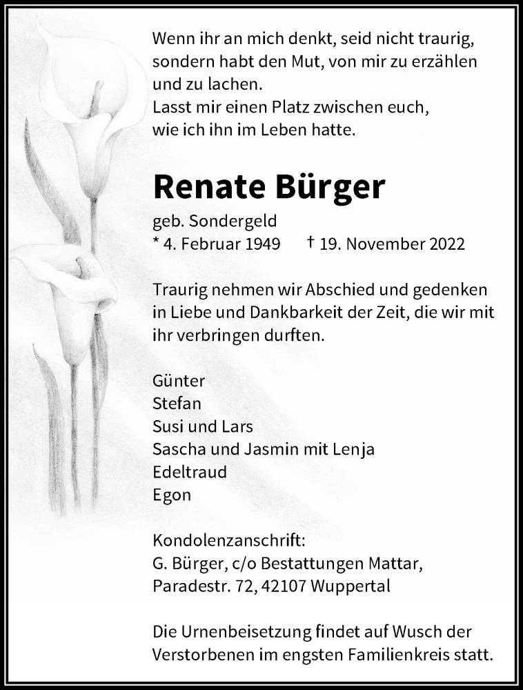  Traueranzeige für Renate Bürger vom 26.11.2022 aus trauer.wuppertaler-rundschau.de