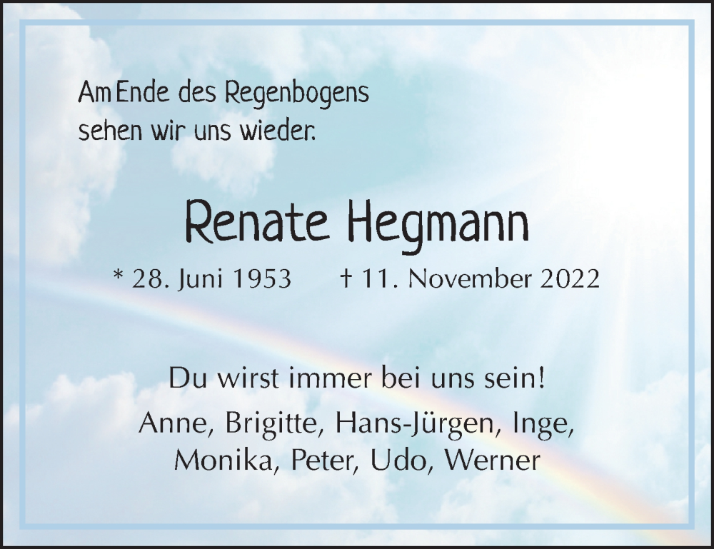  Traueranzeige für Renate Hegmann vom 20.11.2022 aus trauer.mein.krefeld.de