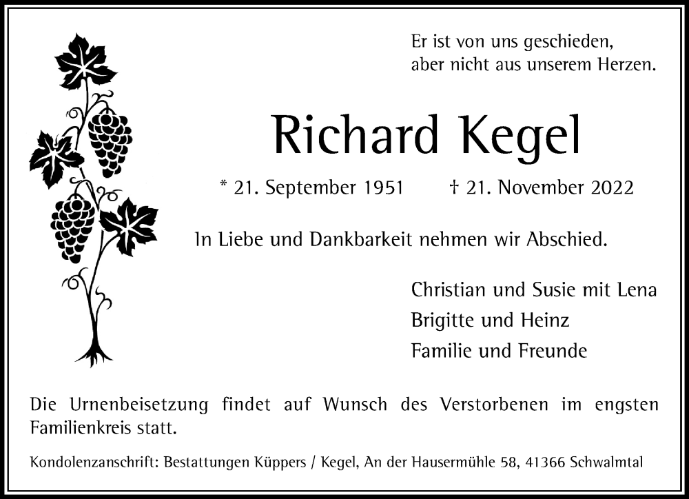  Traueranzeige für Richard Kegel vom 27.11.2022 aus trauer.extra-tipp-moenchengladbach.de