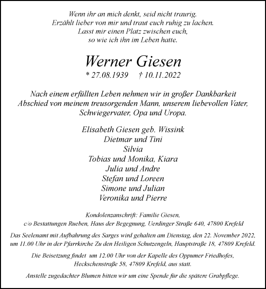 Traueranzeige von Werner Giesen von trauer.mein.krefeld.de