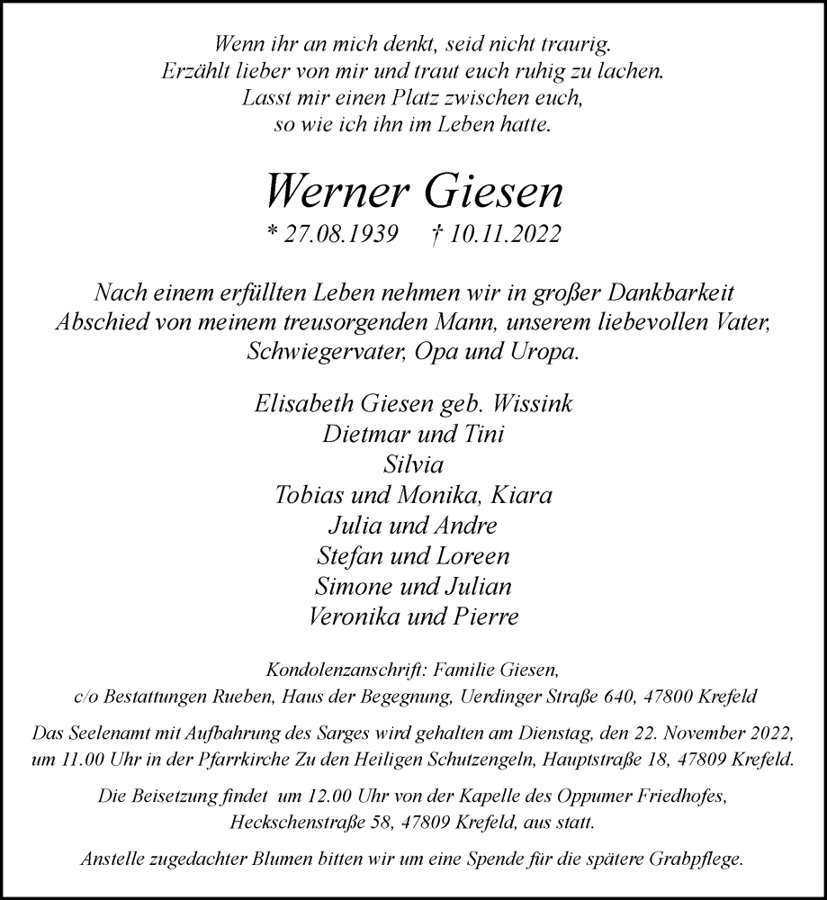  Traueranzeige für Werner Giesen vom 20.11.2022 aus trauer.mein.krefeld.de