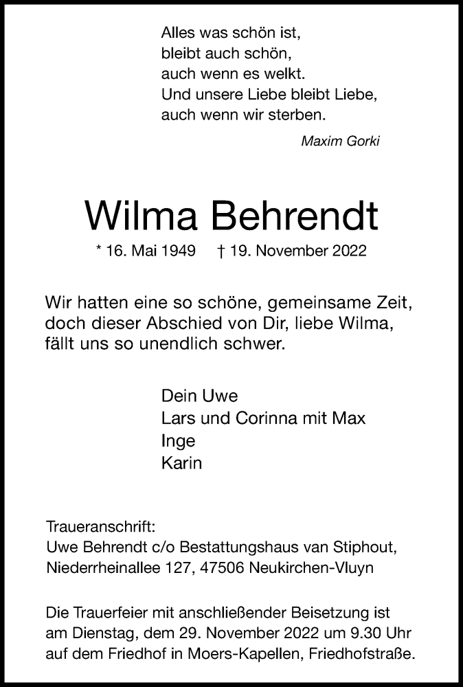  Traueranzeige für Wilma Behrendt vom 27.11.2022 aus trauer.mein.krefeld.de