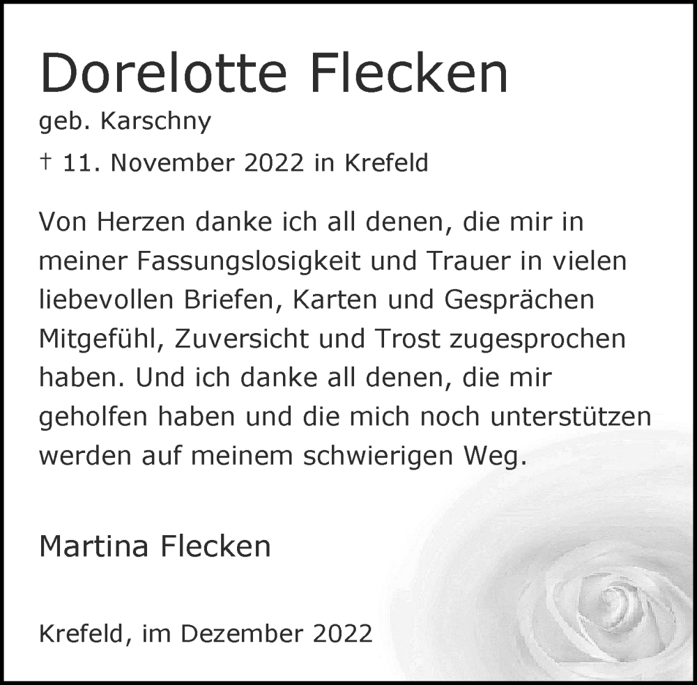  Traueranzeige für Dorelotte Flecken vom 11.12.2022 aus trauer.mein.krefeld.de