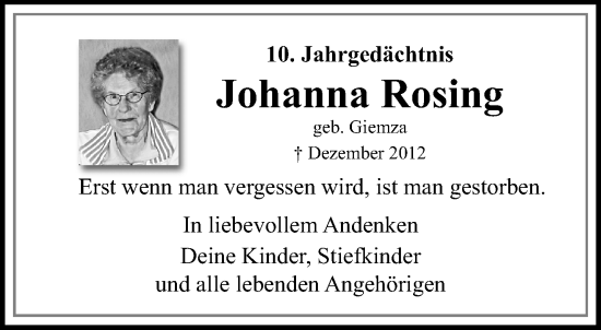 Traueranzeige von Johanna Rosing von trauer.mein.krefeld.de