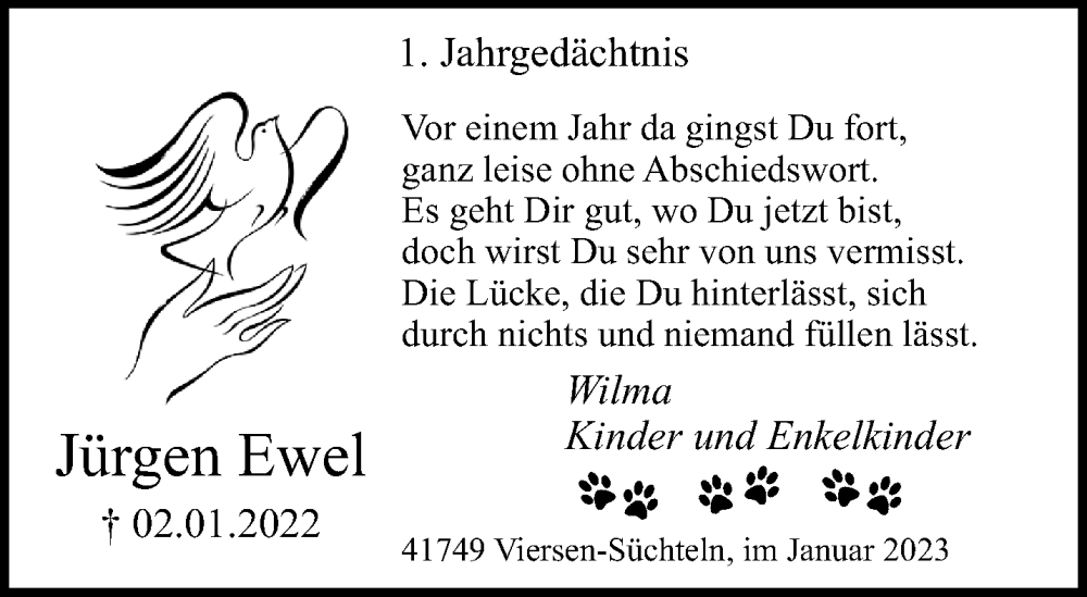  Traueranzeige für Jürgen Ewel vom 01.01.2023 aus trauer.extra-tipp-moenchengladbach.de