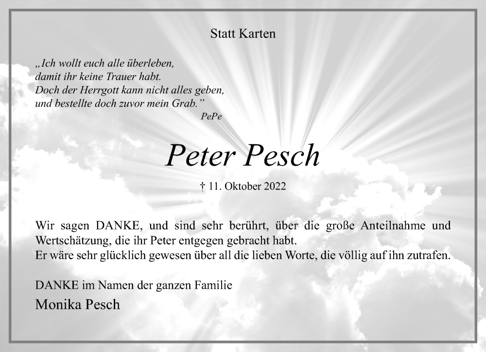  Traueranzeige für Peter Pesch vom 04.12.2022 aus trauer.extra-tipp-moenchengladbach.de