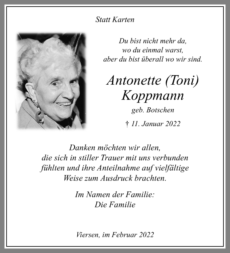  Traueranzeige für Antonette Koppmann vom 20.02.2022 aus trauer.extra-tipp-moenchengladbach.de