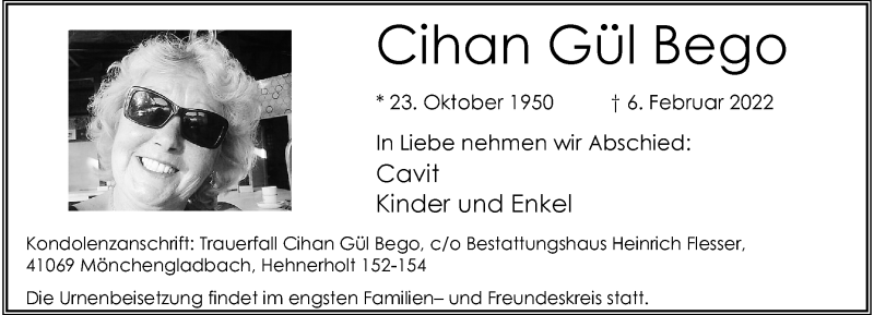  Traueranzeige für Cihan Gül Bego vom 13.02.2022 aus trauer.extra-tipp-moenchengladbach.de