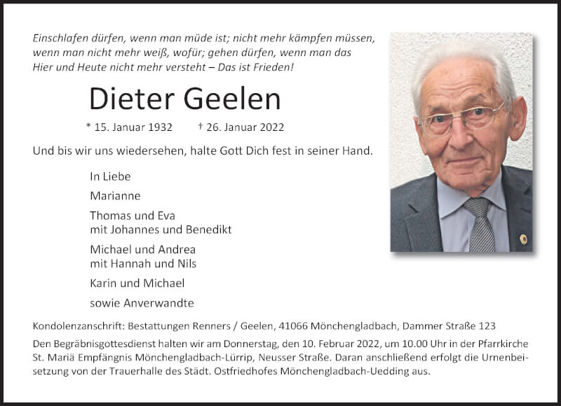  Traueranzeige für Dieter Geelen vom 06.02.2022 aus trauer.extra-tipp-moenchengladbach.de