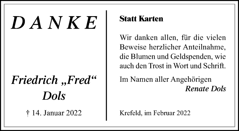  Traueranzeige für Friedrich Dols vom 27.02.2022 aus trauer.mein.krefeld.de