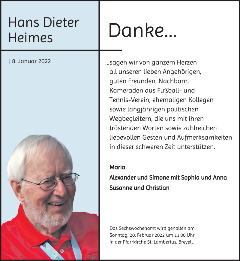  Traueranzeige für Hans Dieter Heimes vom 13.02.2022 aus trauer.extra-tipp-moenchengladbach.de