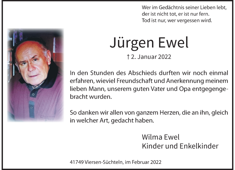  Traueranzeige für Jürgen Ewel vom 13.02.2022 aus trauer.extra-tipp-moenchengladbach.de
