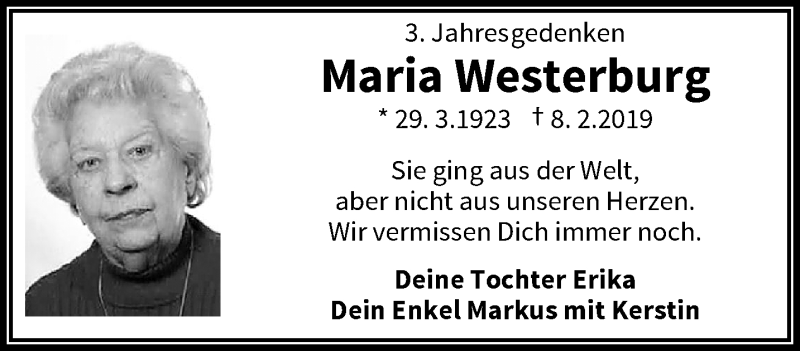  Traueranzeige für Maria Westerburg vom 12.02.2022 aus trauer.wuppertaler-rundschau.de