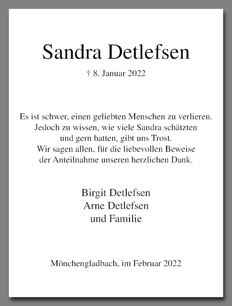  Traueranzeige für Sandra Detlefsen vom 06.02.2022 aus trauer.extra-tipp-moenchengladbach.de