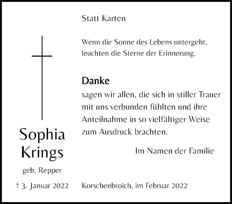  Traueranzeige für Sophia Krings vom 06.02.2022 aus trauer.extra-tipp-moenchengladbach.de