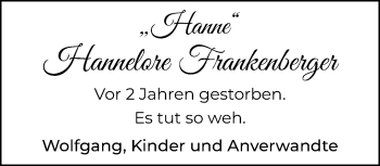 Traueranzeige von Hannelore Frankenberger von trauer.mein.krefeld.de