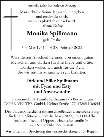 Traueranzeige von Monika Spillmann von trauer.mein.krefeld.de