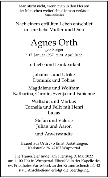 Traueranzeige von Agnes Orth von trauer.wuppertaler-rundschau.de