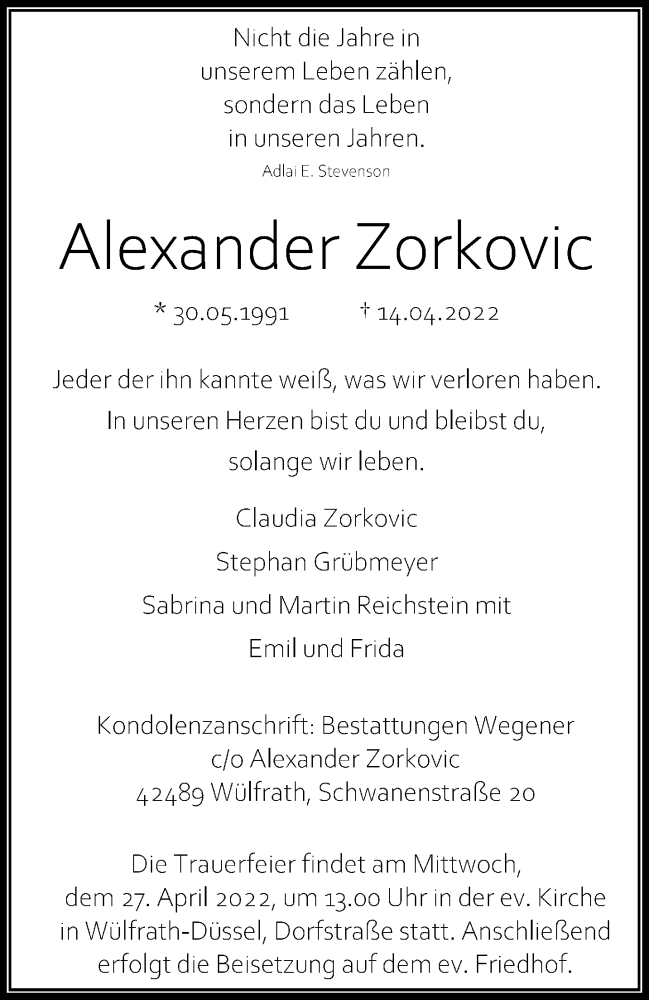  Traueranzeige für Alexander Zorkovic vom 23.04.2022 aus trauer.wuppertaler-rundschau.de