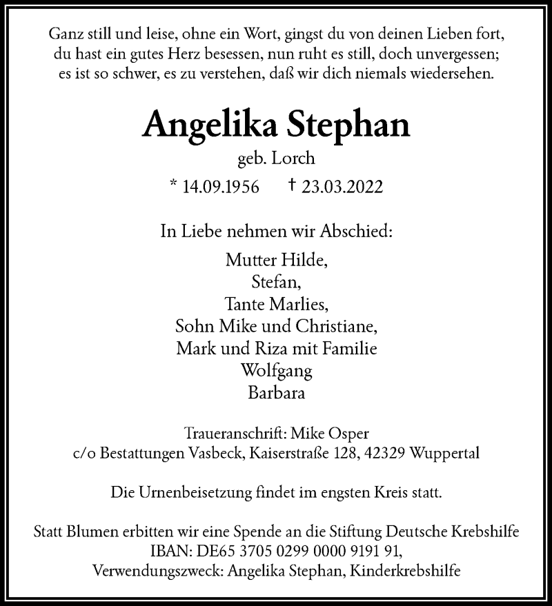  Traueranzeige für Angelika Stephan vom 09.04.2022 aus trauer.wuppertaler-rundschau.de