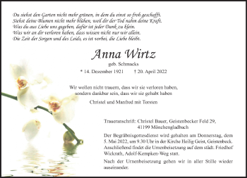 Traueranzeige von Anna Wirtz von trauer.extra-tipp-moenchengladbach.de