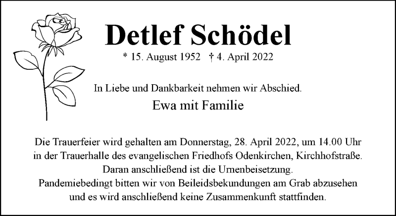  Traueranzeige für Detlef Schödel vom 17.04.2022 aus trauer.extra-tipp-moenchengladbach.de