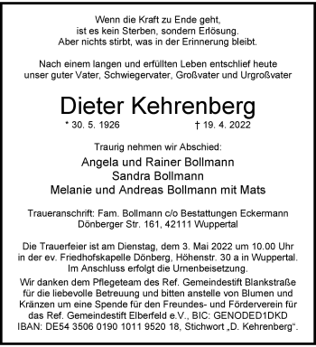 Traueranzeige von Dieter Kehrenberg von trauer.wuppertaler-rundschau.de