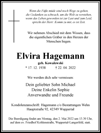 Traueranzeige von Elvira Hagemann von trauer.wuppertaler-rundschau.de