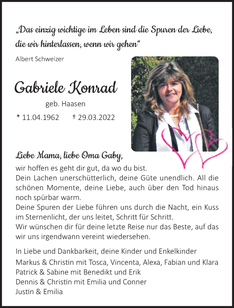  Traueranzeige für Gabriele Konrad vom 10.04.2022 aus trauer.extra-tipp-moenchengladbach.de