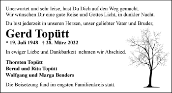 Traueranzeige von Gerd Topütt von trauer.extra-tipp-moenchengladbach.de