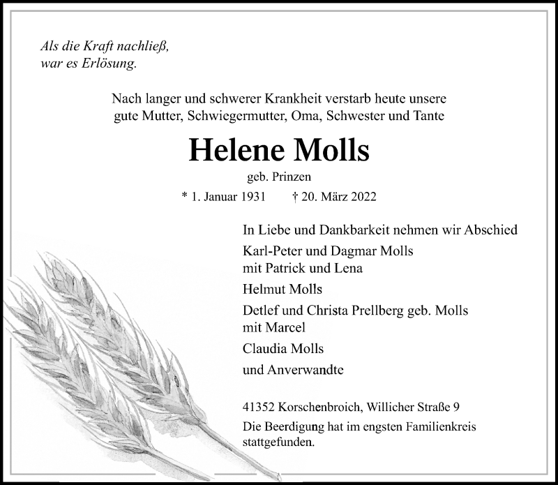 Traueranzeige für Helene Molls vom 03.04.2022 aus trauer.extra-tipp-moenchengladbach.de