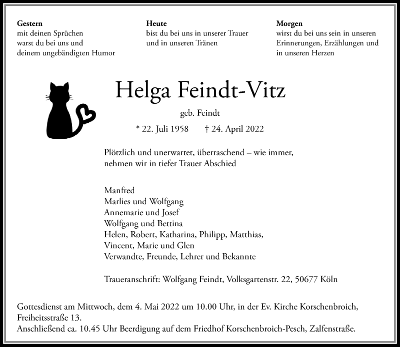  Traueranzeige für Helga Feindt-Vitz vom 01.05.2022 aus trauer.extra-tipp-moenchengladbach.de
