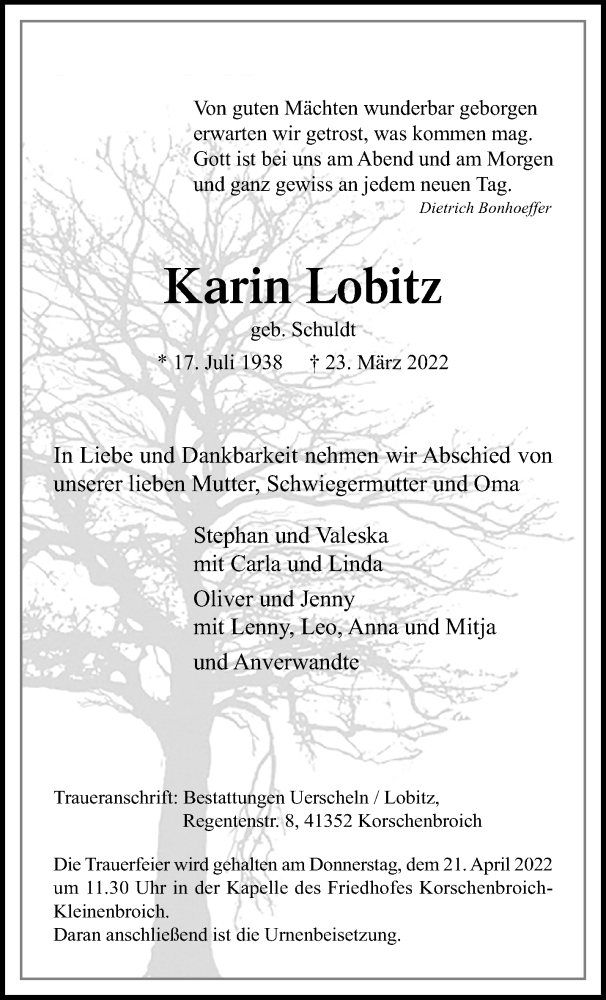  Traueranzeige für Karin Lobitz vom 17.04.2022 aus trauer.extra-tipp-moenchengladbach.de