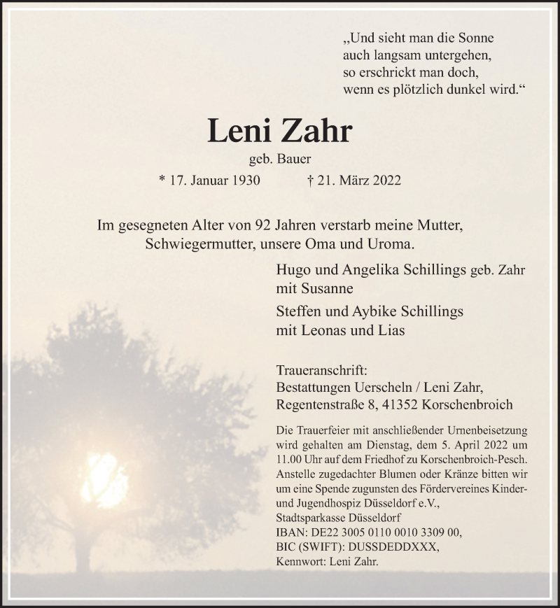  Traueranzeige für Leni Zahr vom 03.04.2022 aus trauer.extra-tipp-moenchengladbach.de