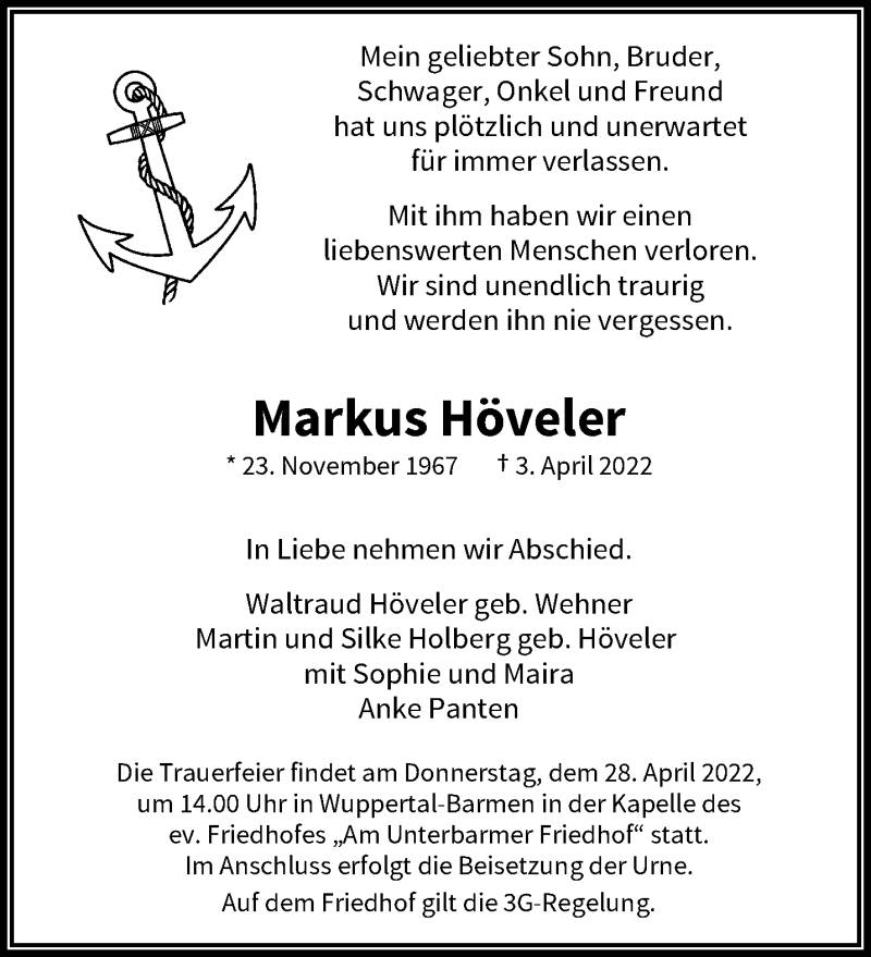  Traueranzeige für Markus Höveler vom 23.04.2022 aus trauer.wuppertaler-rundschau.de