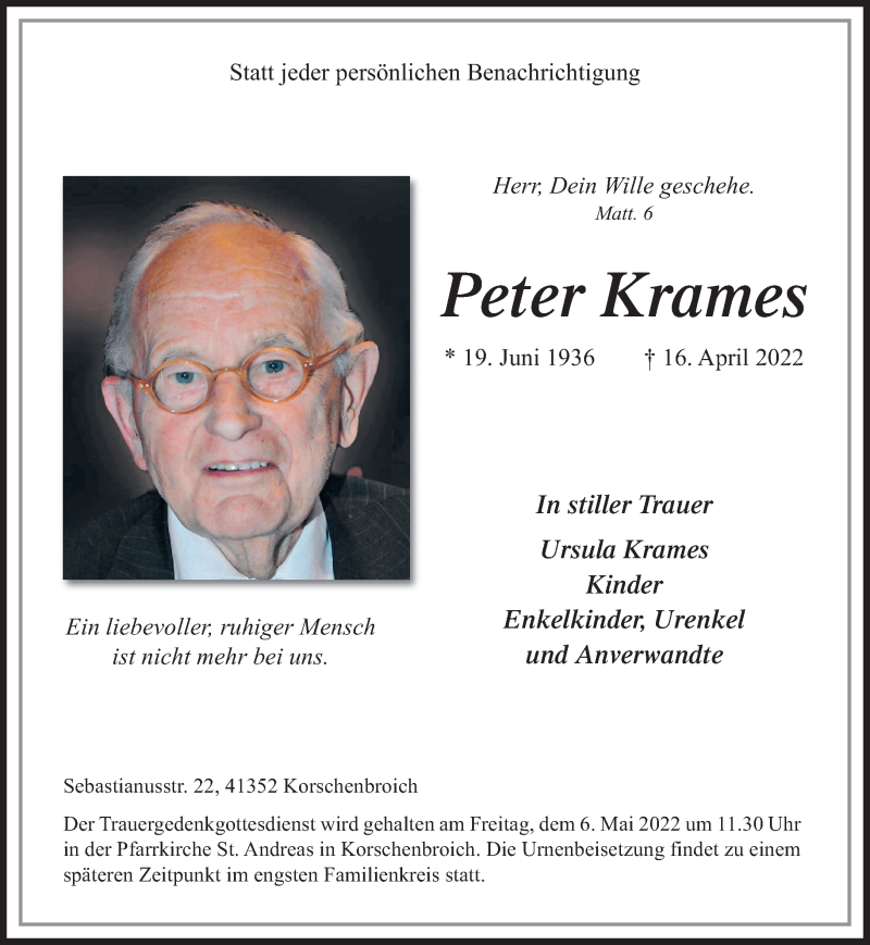  Traueranzeige für Peter Krames vom 01.05.2022 aus trauer.extra-tipp-moenchengladbach.de