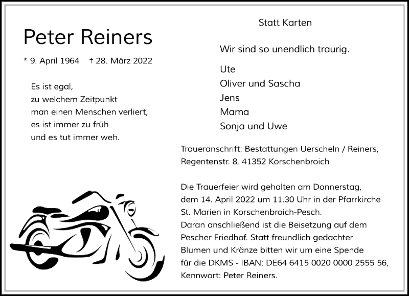  Traueranzeige für Peter Reiners vom 10.04.2022 aus trauer.extra-tipp-moenchengladbach.de