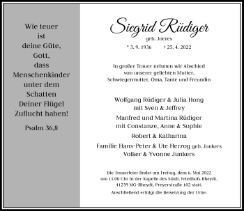Traueranzeige von Siegrid Rüdiger von trauer.extra-tipp-moenchengladbach.de