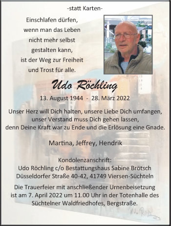 Traueranzeige von Udo Röchling von trauer.extra-tipp-moenchengladbach.de